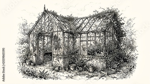 Timber frame structure partially covered with vegetation in a rural landscape.