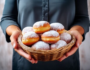 basket holding hanukkah sufganiyot donuts covered in powdered sugar copy space