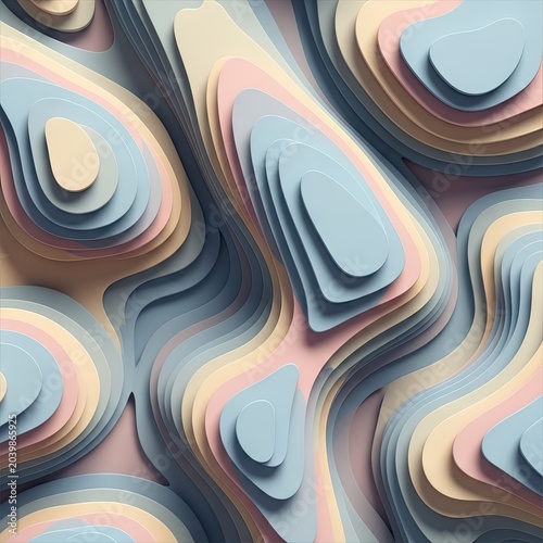 Abstract layered paper art design in pastel colors with fluid shapes