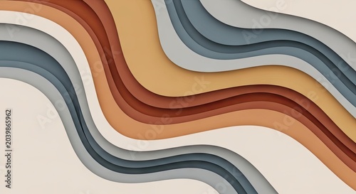 Abstract layered paper art design with wavy shapes and neutral color palette