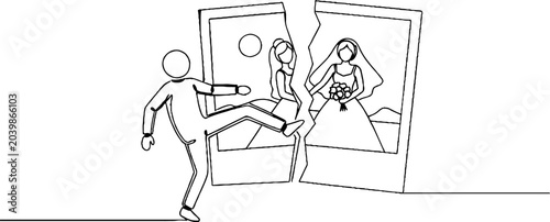 Person breaking through poster to new reality scene.