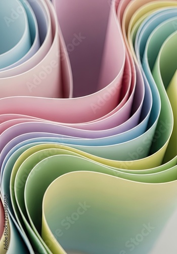 Abstract layered pastel paper sheets with flowing lines and curved edges