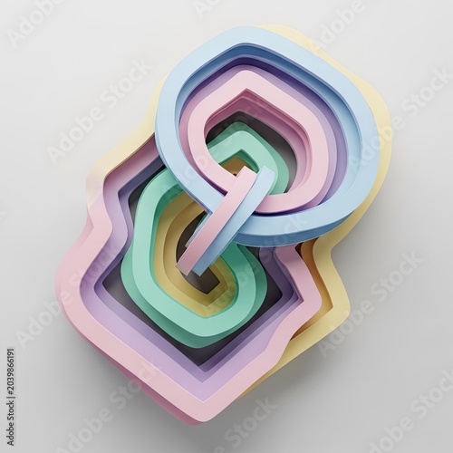 Abstract layered shapes in pastel colors create a visually engaging composition