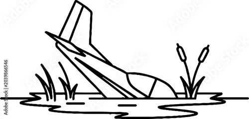 Broken wooden chair submerged in swampy water.
