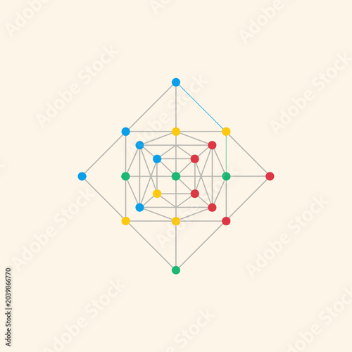 Abstract geometric illustration of a complex network with colorful nodes and connecting lines, symbolizing data structures, interconnected systems, technology, and abstract ideas.