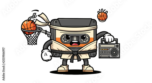 Playful Cassette Character Playing Basketball and Music.