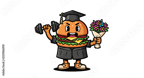 Graduate Hamburger Character Holding Dumbbell and Flowers.