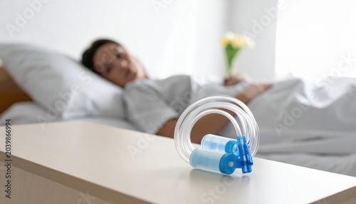 Neatly coiled oxygen cannula tubing on a bedside table with a patient resting in the background, symbolizing medical care.
