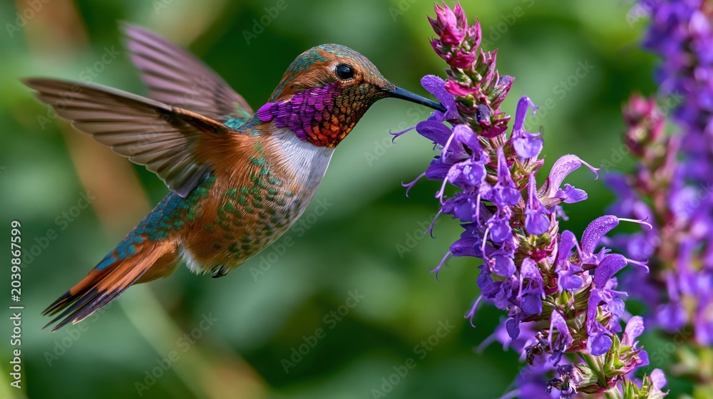 Obraz premium Close-up of a vibrant hummingbird hovering and feeding from bright purple flowers in a lush summer garden.