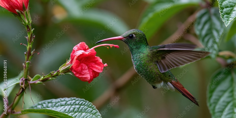 Fototapeta premium This stunning image captures a hummingbird hovering delicately by a vibrant red flower, showcasing the beauty of nature and the symbiotic relationship between species.