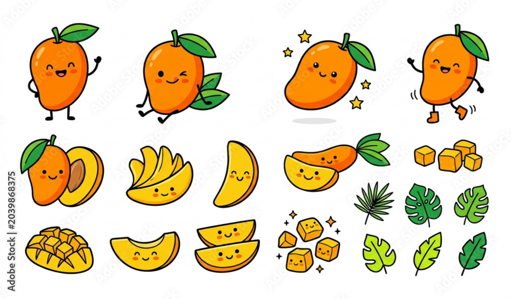 Obraz premium Cute cartoon mango fruit vector set with tropical doodle illustrations isolated on white background