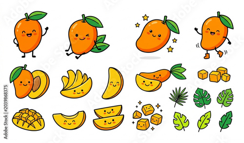 Cute cartoon mango fruit vector set with tropical doodle illustrations isolated on white background