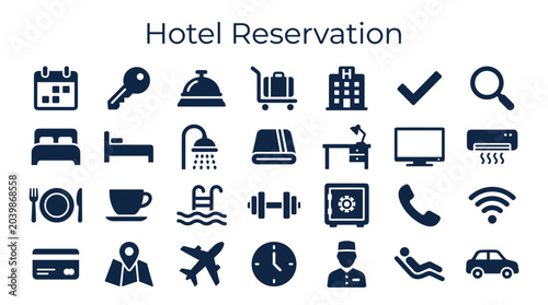 Fotografi Hotel reservation and services icons set for travel and accommodation booking on
