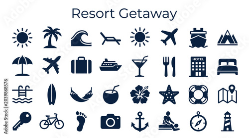 Fotografi Collection of resort getaway icons representing travel vacation and leisure acti