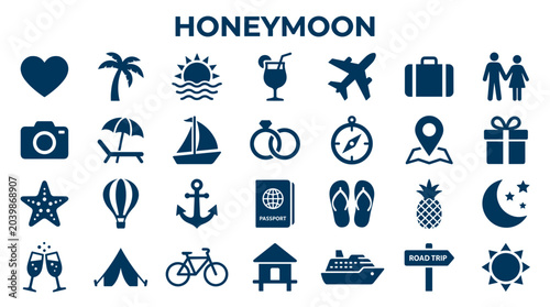 Foto Honeymoon travel icons set featuring romantic journey symbols like hearts airpla