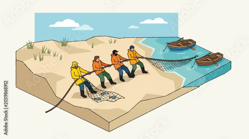Bild auf Leinwand Rescue team pulling a fishing net.