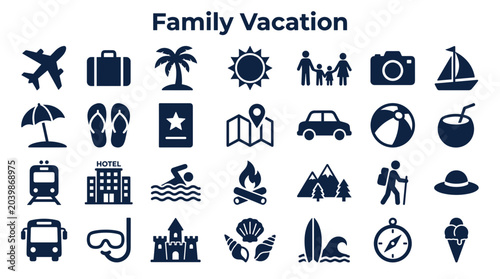 Fotografía Family Vacation Icons Representing Travel Adventures Relaxation and Outdoor Acti