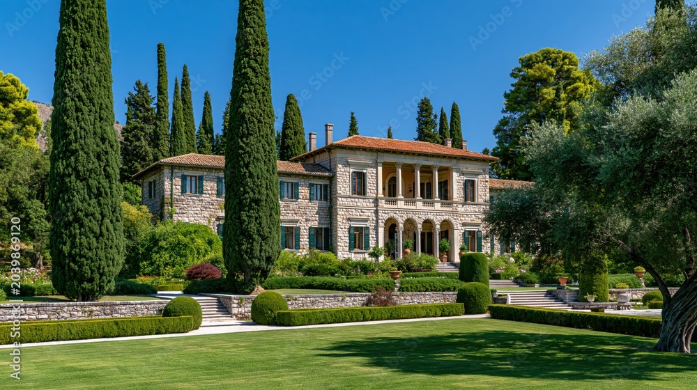 Obraz premium Architectural photography of a majestic stone villa featuring lush gardens and iconic cypress trees, captured in bright daylight.