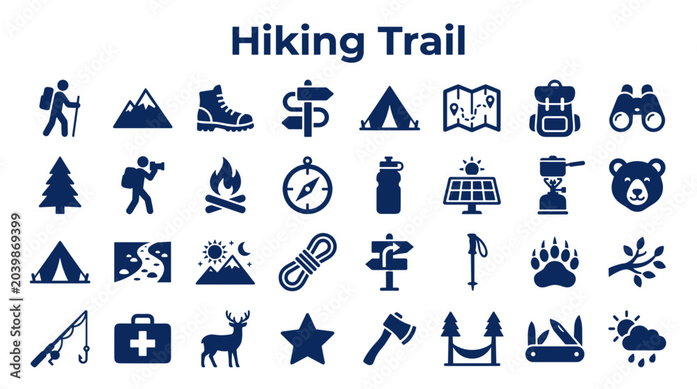 Fototapeta premium Collection of hiking and outdoor adventure icons representing camping, nature exploration, and survival gear for travel and recreation