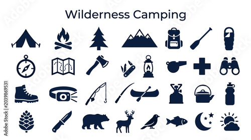 Schilderij op canvas Wilderness Camping Icons and Symbols Collection Representing Outdoor Adventure A