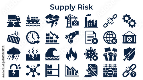 Картината върху платно Supply Chain Risk Management Icons Representing Disruptions and Challenges in Gl