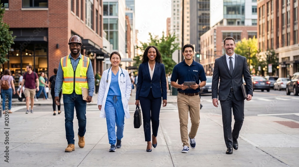Obraz premium Diverse business professionals walking together in urban city environment
