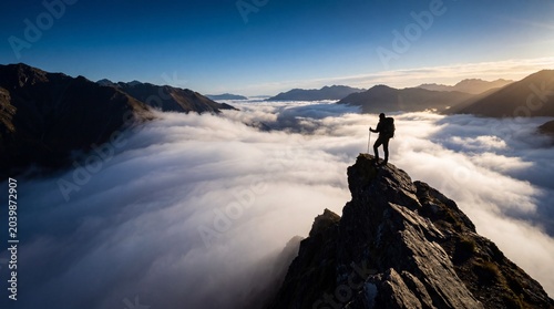 Hiker with trekking poles standing on mountain peak at sunrise above clouds