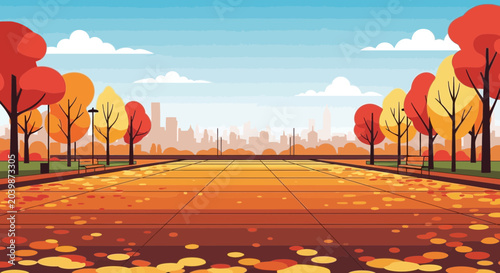Fotografie Autumn park pathway with falling leaves and city skyline background