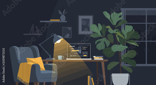 Quadro su tela Cozy home office at night with laptop, armchair and large plant.