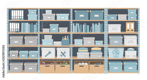 Foto Organized storage shelves with boxes, folders, and supplies