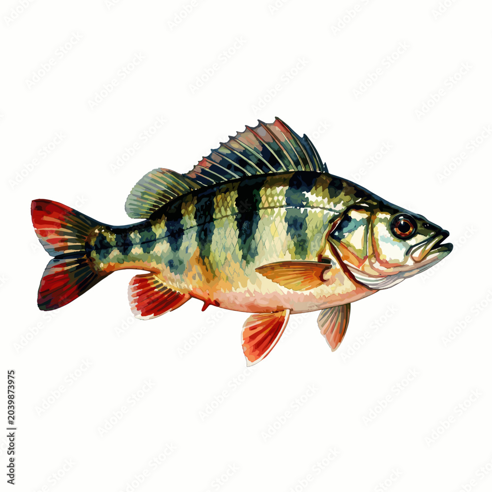 Fototapeta premium Detailed Illustration of Perch Fish with Red Fins and Green Stripes