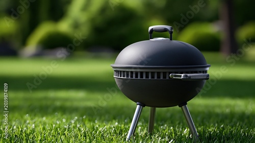 Modern Black Kettle Grill on Lush Green Grass with Blurred Background of Trees and Sunlight