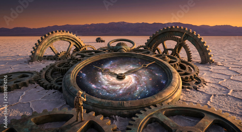 Giant clock gear galaxy desert landscape