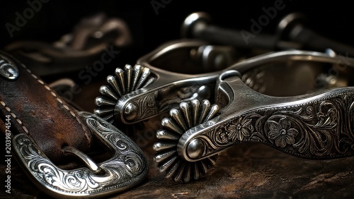 cinch. Intricate silver spurs and bridle buckle with detailed metalwork. wildlife magazines, conservation campaigns, designed for nature documentaries and education and eco-tourism storytelling.