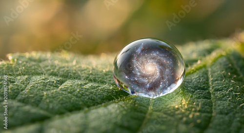 Water drop containing glowing galaxy macro