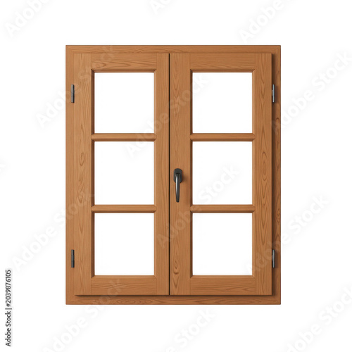 A classic wooden window frame with glass panes and a metal handle for residential home construction isolated on transparent background