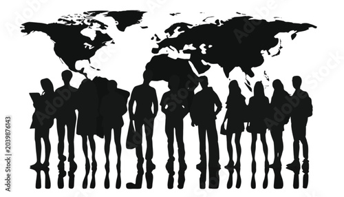 People silhouettes stand in front of a large world map background to illustrate global diversity and international cooperation among diverse cultures in the modern interconnected economic world.