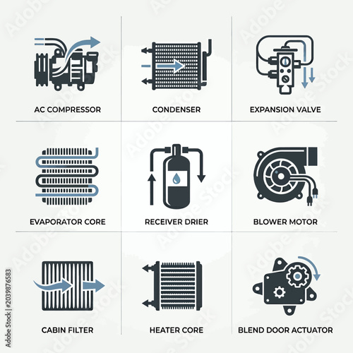 Automotive Air Conditioning System Components Icons Set.