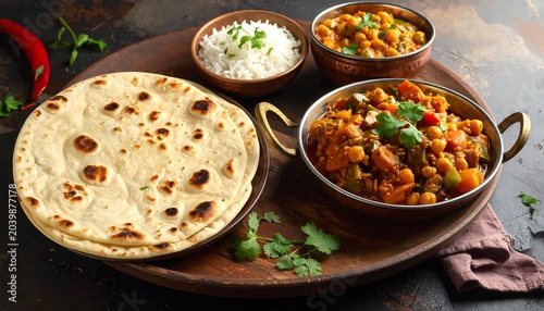 A vibrant Indian cuisine spread on a wooden tray, featuring various dishes in copper bowls, tortillas, and garnish