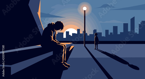 Obraz na płótnie Sad Man Sitting Alone at Dusk Cityscape, Loneliness, Depression, Urban Solitude