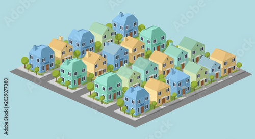 Billede på lærred Colorful isometric neighborhood with houses and trees on a light blue background