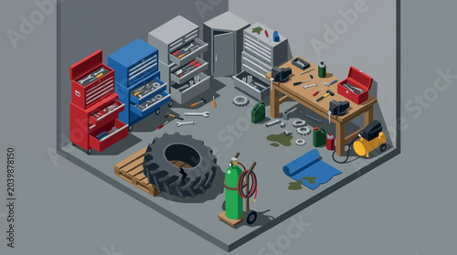 Schilderij op canvas Isometric illustration of a cluttered garage workshop with various tools and equipment