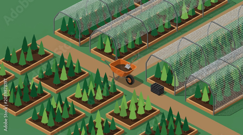 Foto Greenhouse nursery with trees and plants.