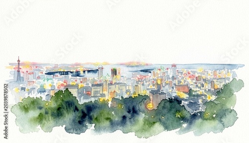 Watercolor illustration of panoramic city night view with starry sky