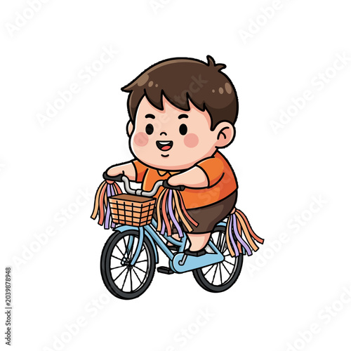 Happy young boy riding bicycle with basket full.