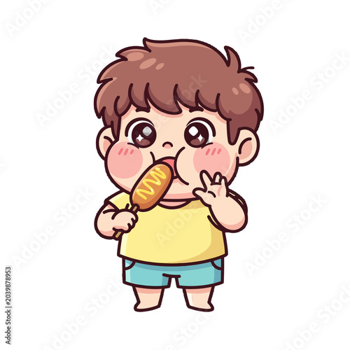 Cute cartoon boy happily eating colorful ice cream.