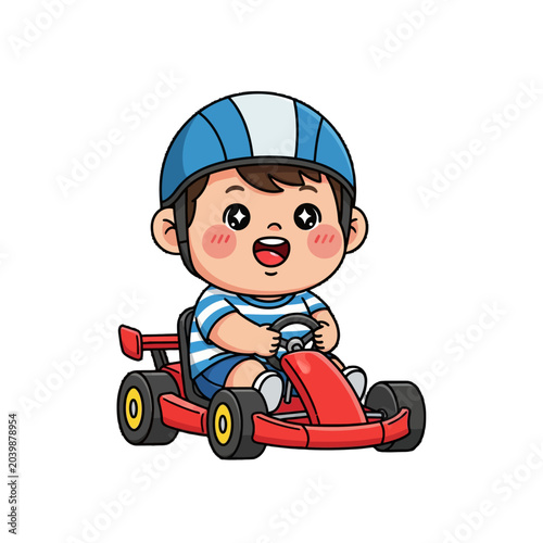 Happy Child Driving Colorful Go Kart Illustration.