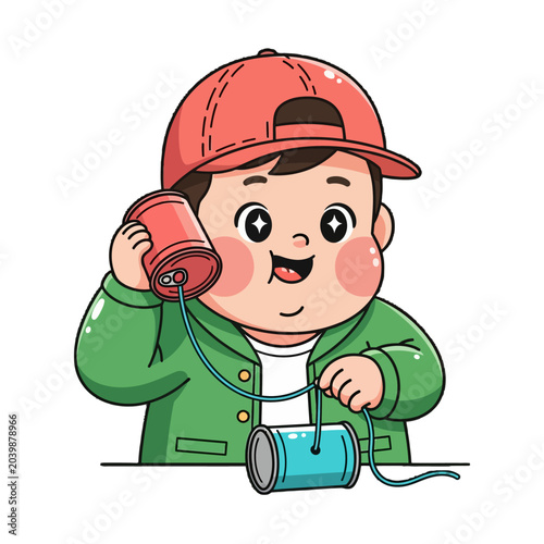 Happy cartoon child playing with tin can phone toy.