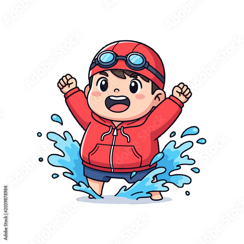 Joyful cartoon child playing in water splashes happily.