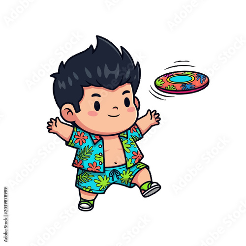 Happy cartoon boy playing with colorful flying frisbee outdoors.
